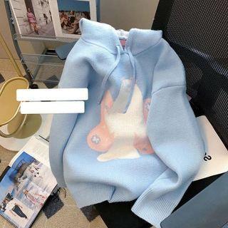 Cartoon Jacquard Knit Hoodie Blue - One Size