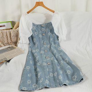 Puff-sleeve Distressed A-line Denim Dress