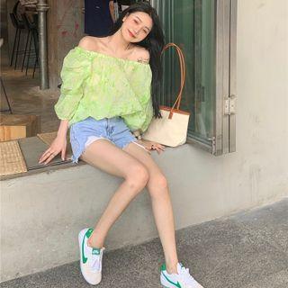 Off-shoulder Ruched Cropped Top Green - One Size