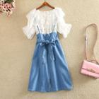 Set: Ruffle Trim Short-sleeve Top + Denim Spaghetti Strap Skirt