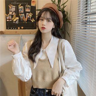 Pointy-collar Shirt / Cropped Sweater Vest