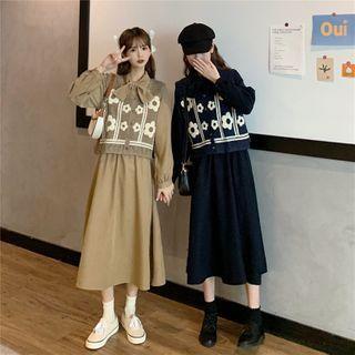 Puff-sleeve Tie-neck Midi A-line Dress / Floral Print Knit Vest