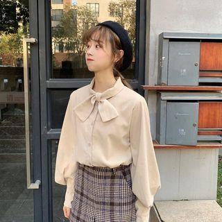 Bow-accent Long-sleeve Loose-fit Blouse / Plaid Skirt