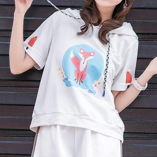 Fox Print Hooded Short-sleeve T-shirt