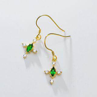925 Sterling Silver Rhinestone Cross Dangle Earring 1 Pair - Gold - One Size