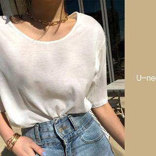 Short-sleeve Plain T-shirt Ivory - One Size