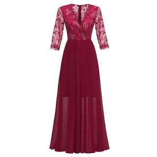 Elbow-sleeve Lace Paneled Maxi Chiffon Dress