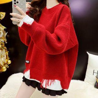 Long-sleeve Round-neck Mock Two-piece Knit Sweater