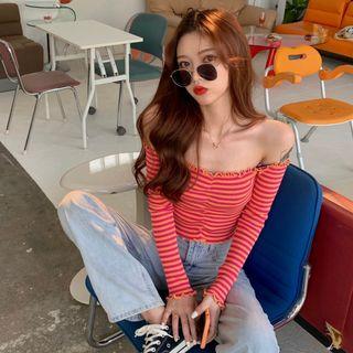 Striped Off-shoulder Long-sleeve Cropped Top