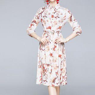 Flower Print Elbow-sleeve Shirtdress