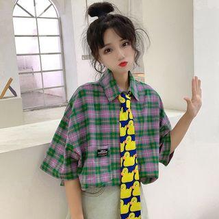 Set: Short-sleeve Plaid Shirt + Duck Print Tie