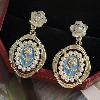 Flower Faux Pearl Alloy Dangle Earring 1 Pair - C-702 - White Faux Pearl - Gold & Blue - One Size