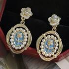 Flower Faux Pearl Alloy Dangle Earring 1 Pair - C-702 - White Faux Pearl - Gold & Blue - One Size