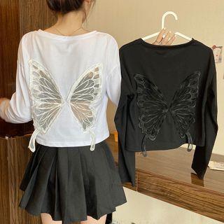 Long-sleeve Mesh Butterfly Panel T-shirt