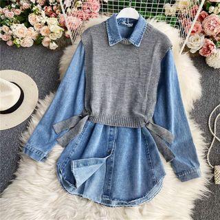Inset Knit Vest Long-sleeve Denim Shirt
