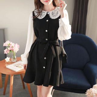 Lace-collar Rhinestone-button Ruffled Dress Black - One Size