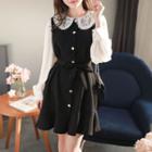 Lace-collar Rhinestone-button Ruffled Dress Black - One Size
