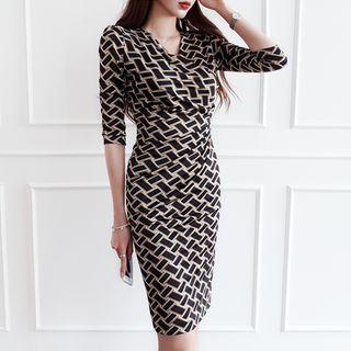 Elbow-sleeve Patterned Midi Sheath Dress