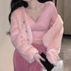 Long-sleeve V-neck Drawstring T-shirt / Wide Leg Pants / Fluffy Jacket