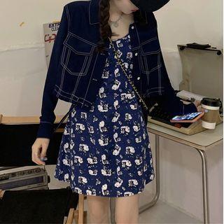 Long-sleeve Cargo Jacket / Floral Strappy Sheath Dress
