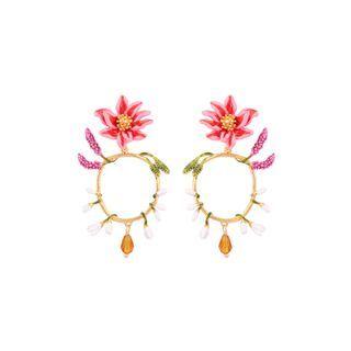 Fashion Sweet Plated Gold Enamel Flower Circle Cubic Zirconia Earrings Golden - One Size