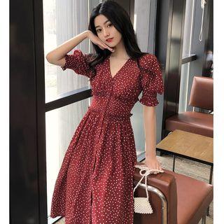 Dotted Puff-sleeve A-line Dress Dotted - Red - One Size