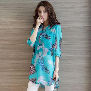 Butterfly Print Elbow Sleeve Top With Bandeau