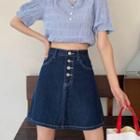 High-waist Contrast Stitching Denim Mini A-line Skirt