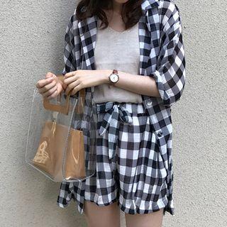 Set: Elbow-sleeve Check Shirt + Shorts