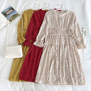 Floral Crewneck Lace-up Flare-sleeve Dress