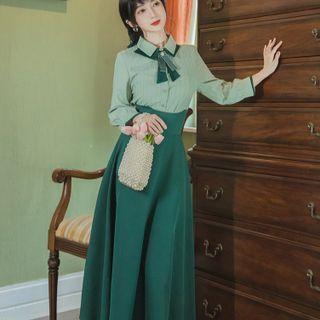 Set: 3/4-sleeve Bow Accent Blouse + Midi A-line Skirt