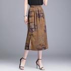 Frog-buttoned Print Midi A-line Skirt