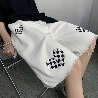 Check Heart Print Denim Wide Leg Shorts