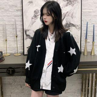 Star Printed Puff-sleeve Cardigan Black - One Size