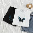 Butterfly Printed Short-sleeve Cropped T-shirt
