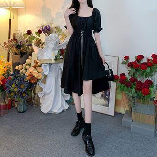 Puff-sleeve Square Neck Asymmetrical Midi A-line Dress