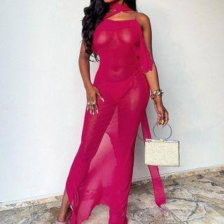 Strappy Open-back Mesh Maxi Bodycon Dress