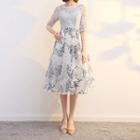 Flower Print Lace Elbow-sleeve A-line Midi Prom Dress