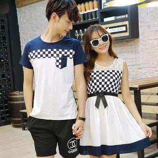Couple Matching Checked Panel Short Sleeve T-shirt / Lace Panel Sleeveless Dress
