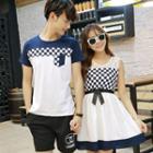 Couple Matching Checked Panel Short Sleeve T-shirt / Lace Panel Sleeveless Dress