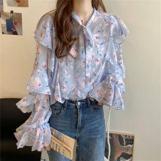 Long-sleeve Floral Print Tie-waist Frill Trim Chiffon Blouse Blue - One Size