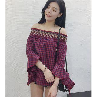 Off Shoulder 3/4 Sleeve Plaid Top
