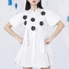 Puff-sleeve Floral-accent Mini A-line Shirtdress Floral-accent - White - One Size