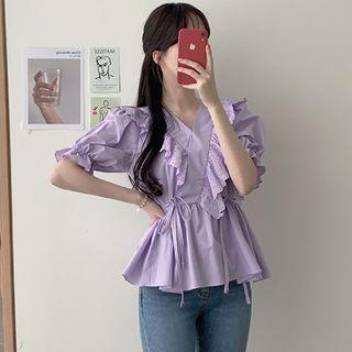 Puff-sleeve Ruffle Trim Drawstring Blouse