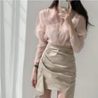 Long-sleeve Shirt / Irregular Shirred Mini A-line Skirt