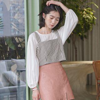 Balloon-sleeve Chiffon Blouse / Plaid Cropped Camisole Top Blouse - White - One Size / Camisole Top - Black & White - One Size