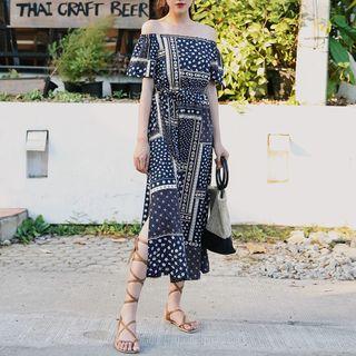 Off Shoulder Short-sleeve A-line Midi Dress