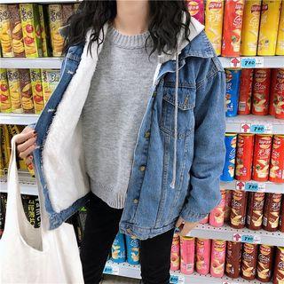 Faux Shearling Hooded Buttoned Denim Jacket