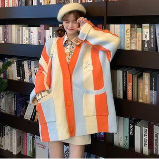 Color Block Striped Cardigan / Floral Print Shirt