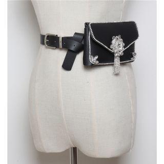Set: Faux Leather Belt + Detachable Rhinestone Pouch Black - One Size